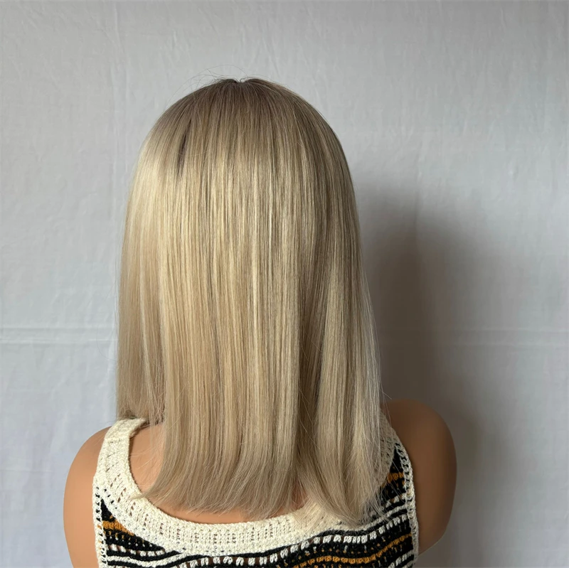 Perruque Bob Lace Front Synthétique Courte et Lisse pour Femme, Cheveux Longs à Reflets Blonds, Racines Foncées, 13x4