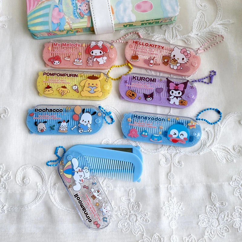 Cartoon Cute Sanrio Foldable Comb Mirror Combination Makeup Mirror Portable Mini Comb Mirror With Hanging Chain Girly Sweet Gift