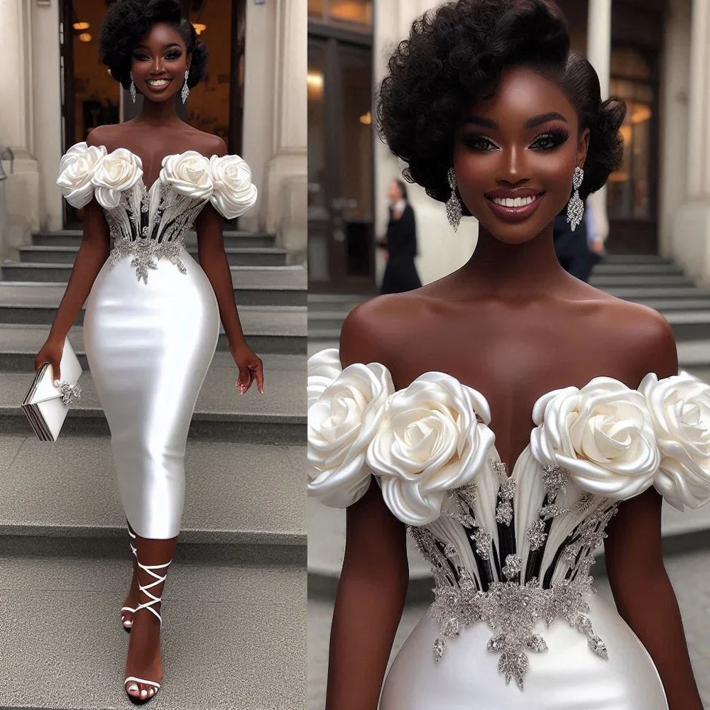 Fabulous 3D Flowers African Prom Dresses Asoebi Formal Gown Off White Handmade Ruffles Flower Tea Length Evening Dress 2024