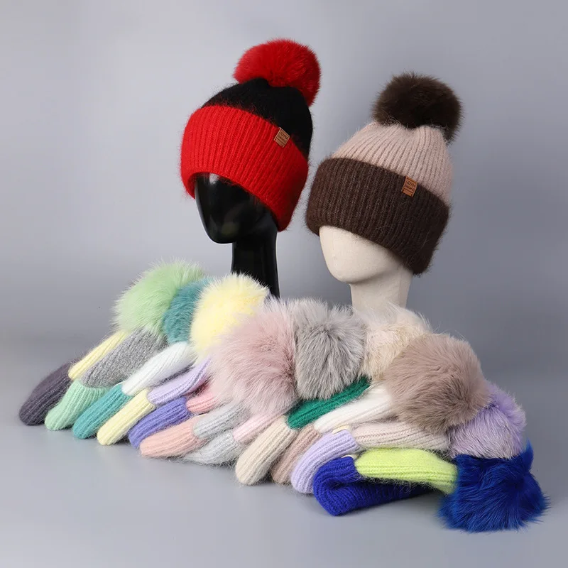 

Luxury Rabbit Fur Wool Blended Knitted Hat Women's Winter Warm Fox Fur Pom Pom Beanie Hats Bonnets