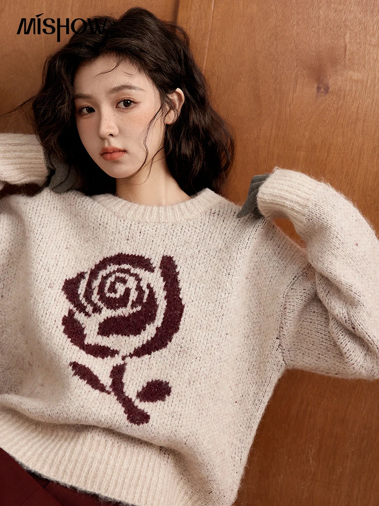 MISHOW Sweater Soft Plush Rose Jacquard Wool Blend Sweater for Women 2024 Winter Thickened Round Neck Straight Top MXD112Z1010