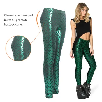 Balık pulu tayt spor pantolon parlak tayt orta-bel kadınlar için Trendy parti giysileri yüzmek eşofman