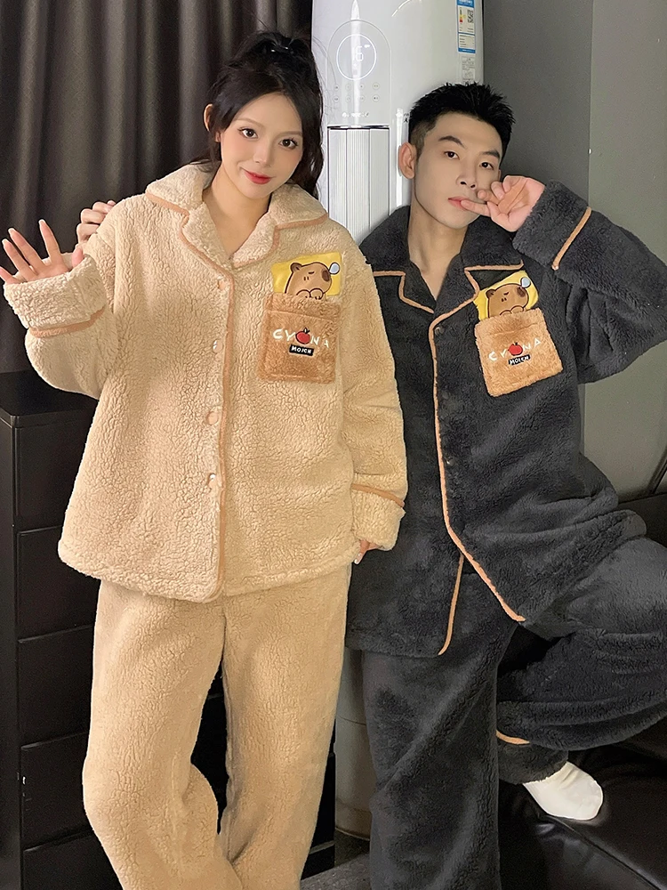 DAIMELU Coral Fleece long sleeved Pajamas suit men's Winter Thickened Fleece Warm male Flannel Large Size Loose nightwear Set