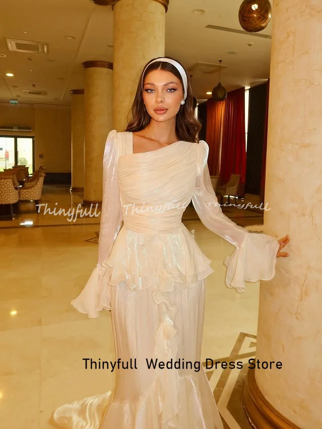 Thinyfull Mermaid Shiny Arab Prom Dresses Full Sleeves Ruffles Evening Dress Long Formal Occasion Gown Robe De Soirée Customized