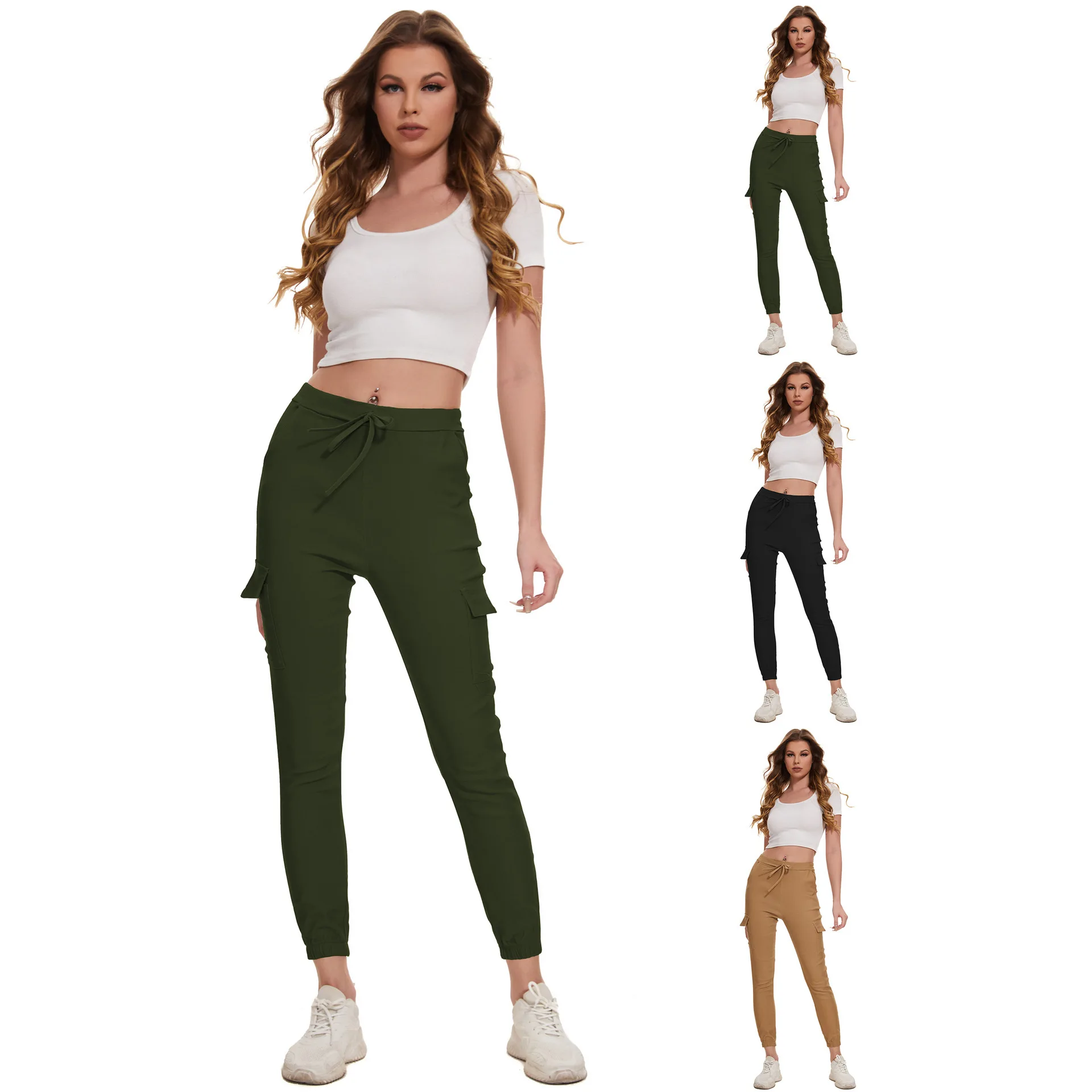 Elegant Casual Multi-Pocket Workwear Pants for Women with Elastic Waist And Rope Stylish Gothic Style High Waist PVC Fabric