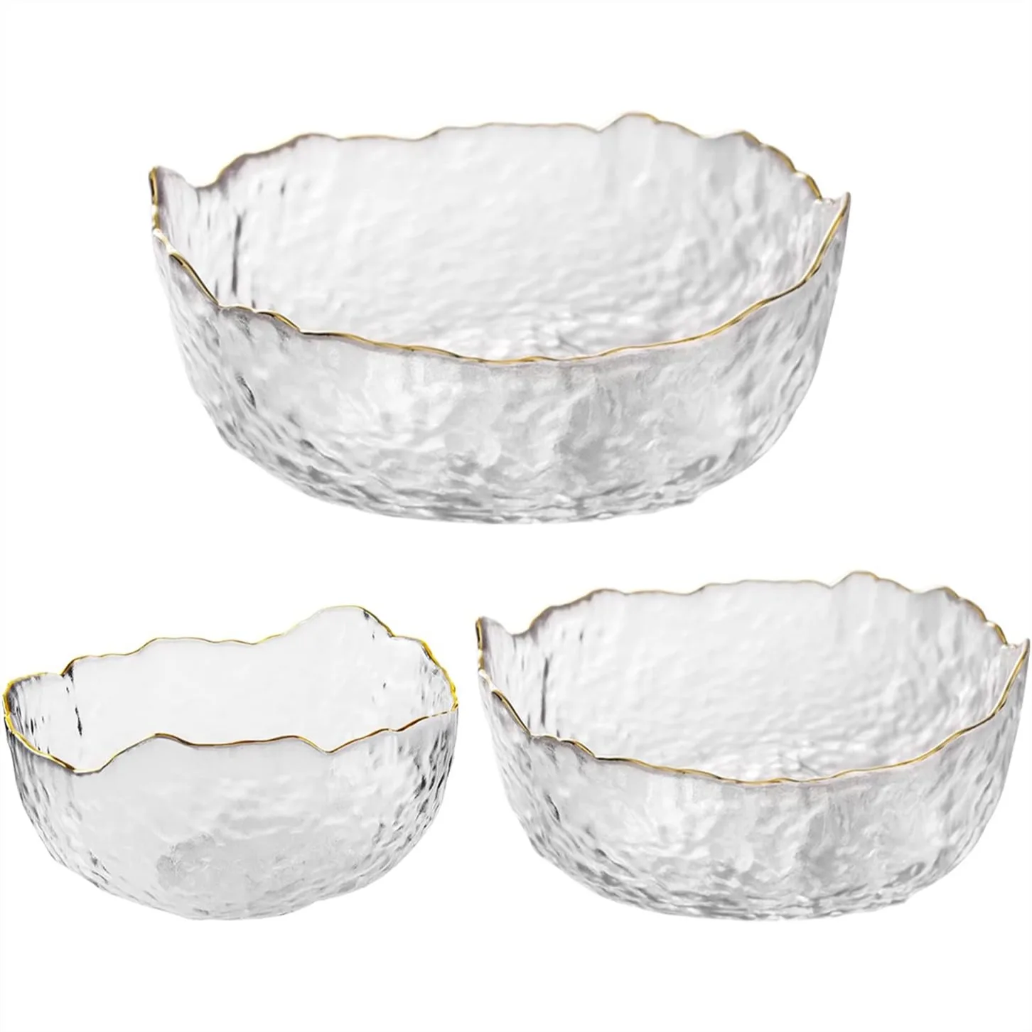 

Irregular Glass Mixing Bowl Set of 3 with Gold Rim for Salad Pasta Popcorn and Snack Prep