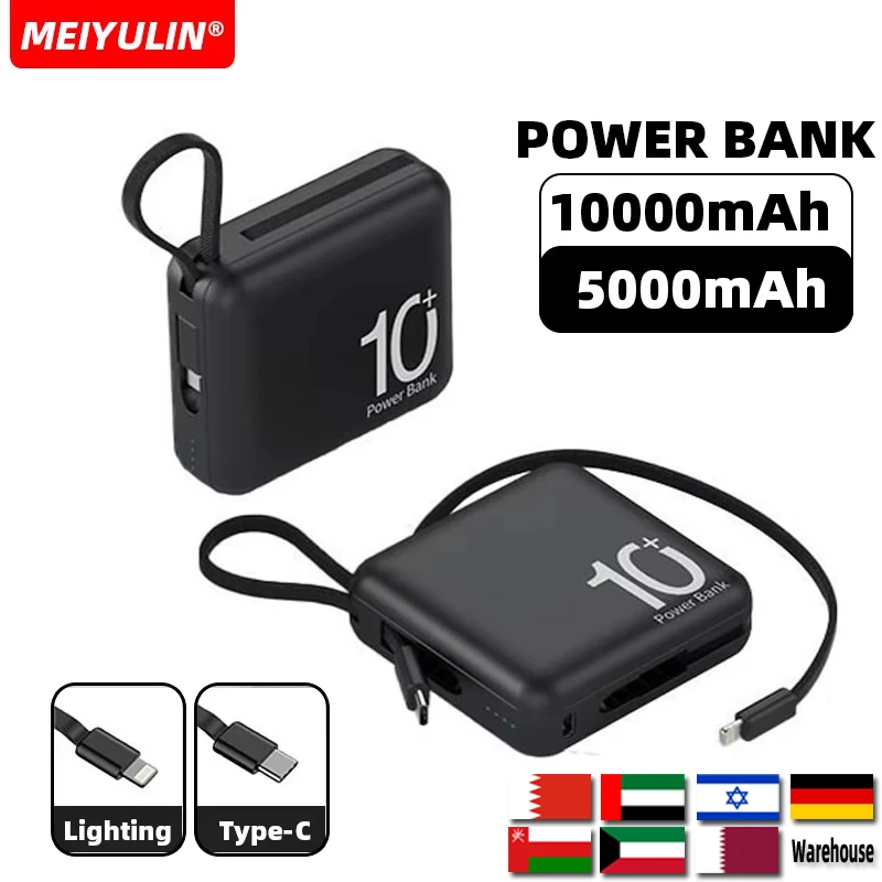 10000mAh Mini Power Bank With Type-C Cable 5000mAh Fast Charging Mobile External Battery for iPhone 15 Samsung Xiaomi Powerbank