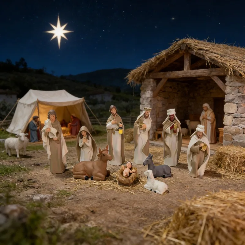 Christmas Nativity Set Scene Figurines Resin Holy Family Manger Scene Baby Jesus Mary Joseph Wise Men Animals Decor Home Church