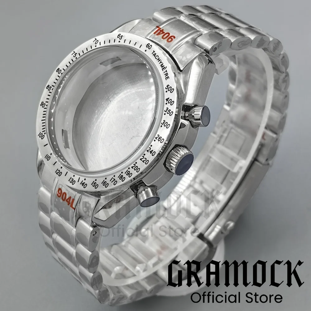 GRAMOCK 40 мм серебряный фиксированный корпус из нержавеющей стали с хронографом и браслетом, подходит для кварцевого механизма VK63 VK64 VK67 VK68