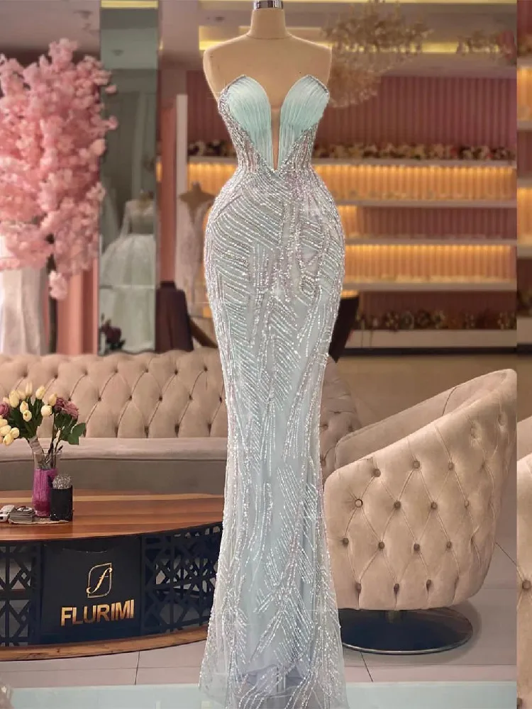 Shiny Sexy Prom Dress Strapless Sleeveless V Neck Sequins Beaded Satin Lace Mermaid Hollow Evening Dresses Gowns Custom Made