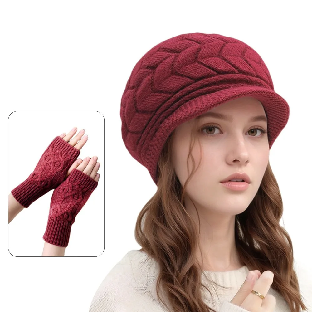 2 pçs/set inverno velo feminino chapéus luvas conjunto quente macio chapéu de malha à prova de vento proteção de ouvido inverno quente mitten para mulher