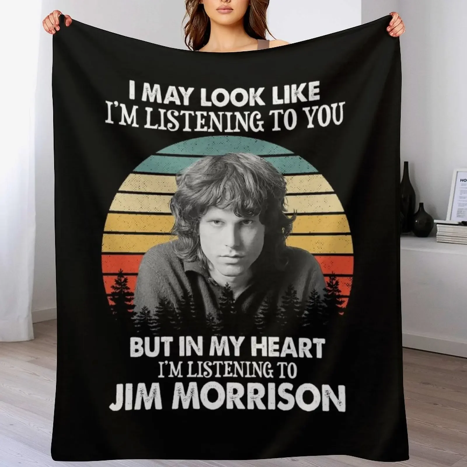 

I May Look Like I'm Listening To Jim Blues Morrison Vintage Throw Blanket Plaid on the sofa Beach Kid'S Blankets
