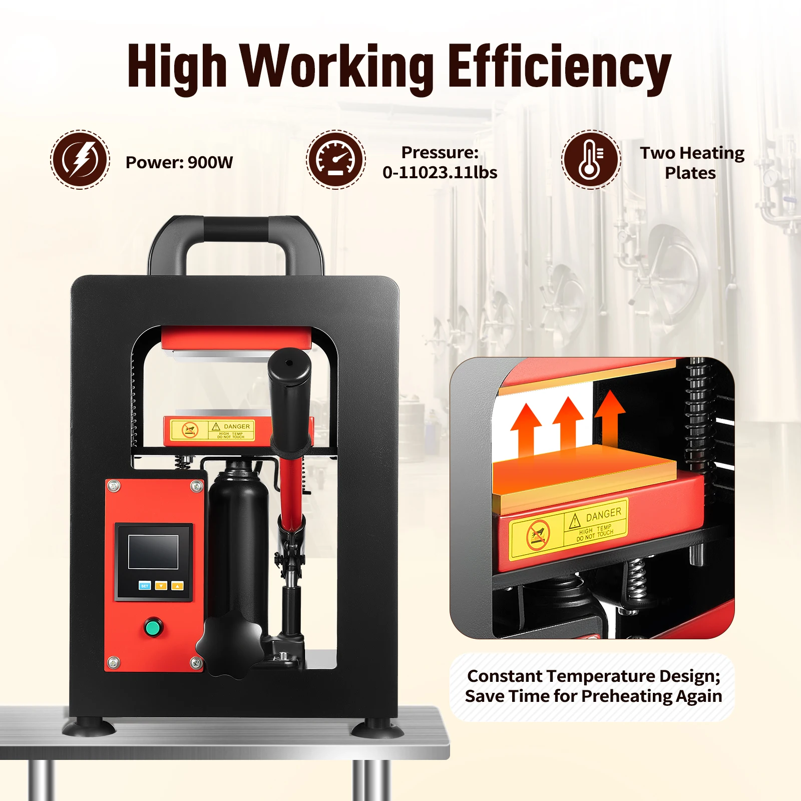 Hydraulic Heat Press Machine with Dual Heated Plates, 5T Manual Jack & Smart LCD Display, 900W Fast Heating for Extracting Raw Materials, Black/Red