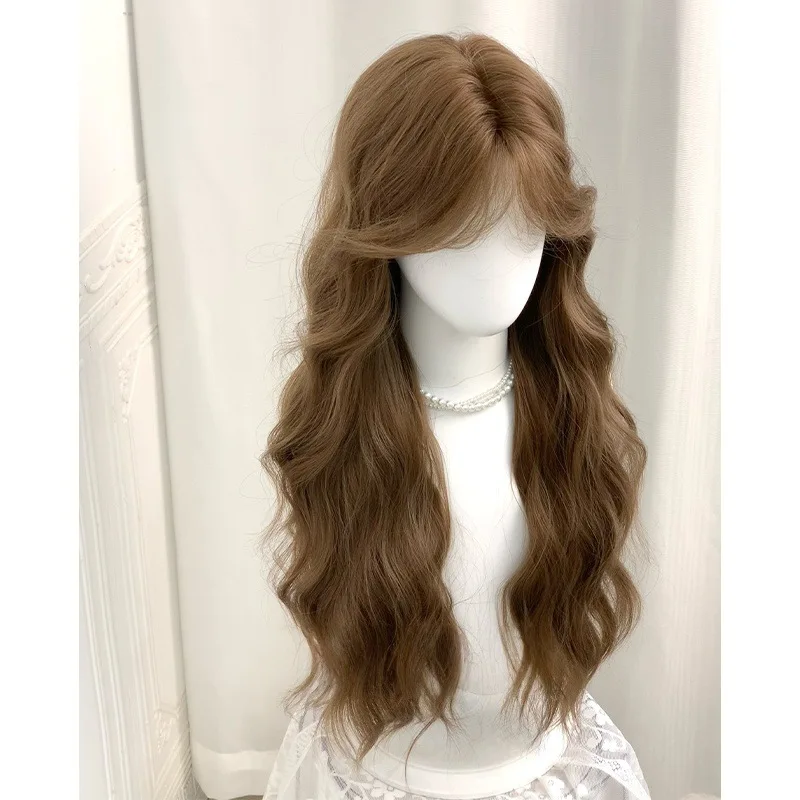 Synthetic Wavy Long Wig for Women Middle Part Water Ripple Natural Brown Korean Egg Curl Full Head Cosplay Daily Party Styling