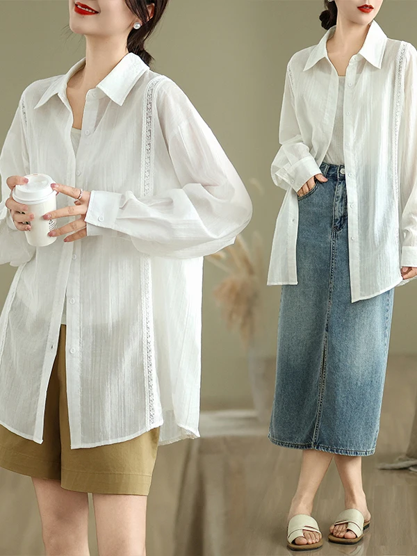 

Summer Thin Long Sve White Sun Protection irt Women's Sle Slimming Sexy Top Commute Artistic Loose Fit Button Detail