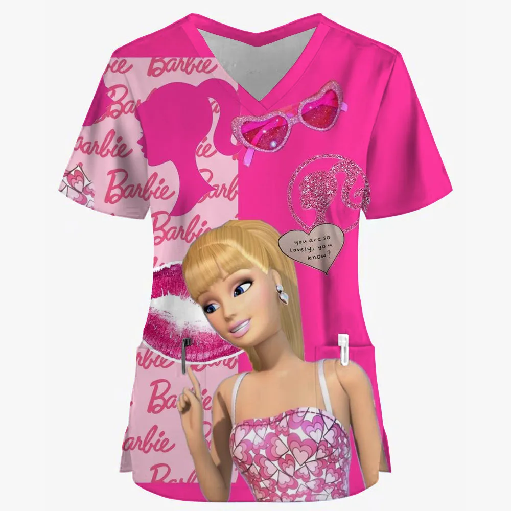 Hospital Working Uniforms Medcine Barbie Princess print Nursing v-neck blouse Dental clinic Uniform Medical Nurse short sleeve