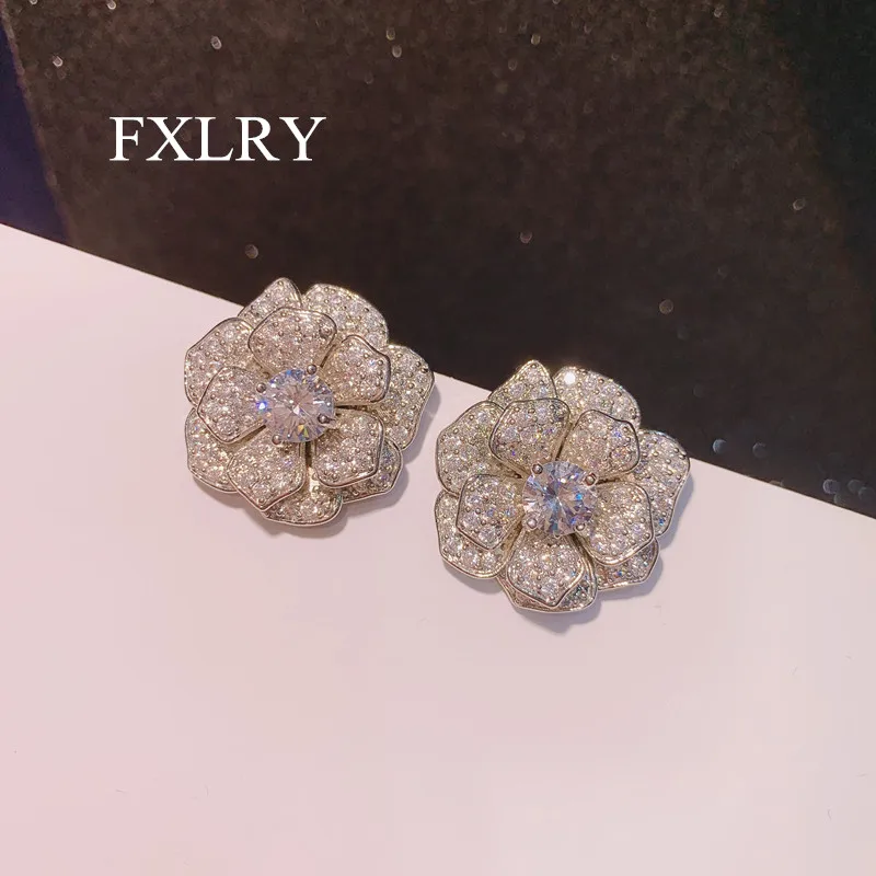 FXLRY Elegant And Generous Super Flash S925 Silver Needle Multi-layer Rose Earrings For Bridal Party Jewelry Accesssories