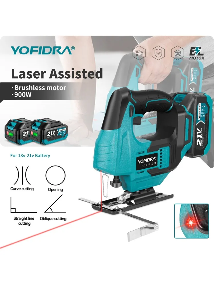 YOFIDRA 3800RPM Bürstenlose Elektrische Stichsäge mit 12 Sägeblättern, Infrarot-Laser, Kabellose Kurvensäge, Holzbearbeitungswerkzeug für Makita 21V Akku