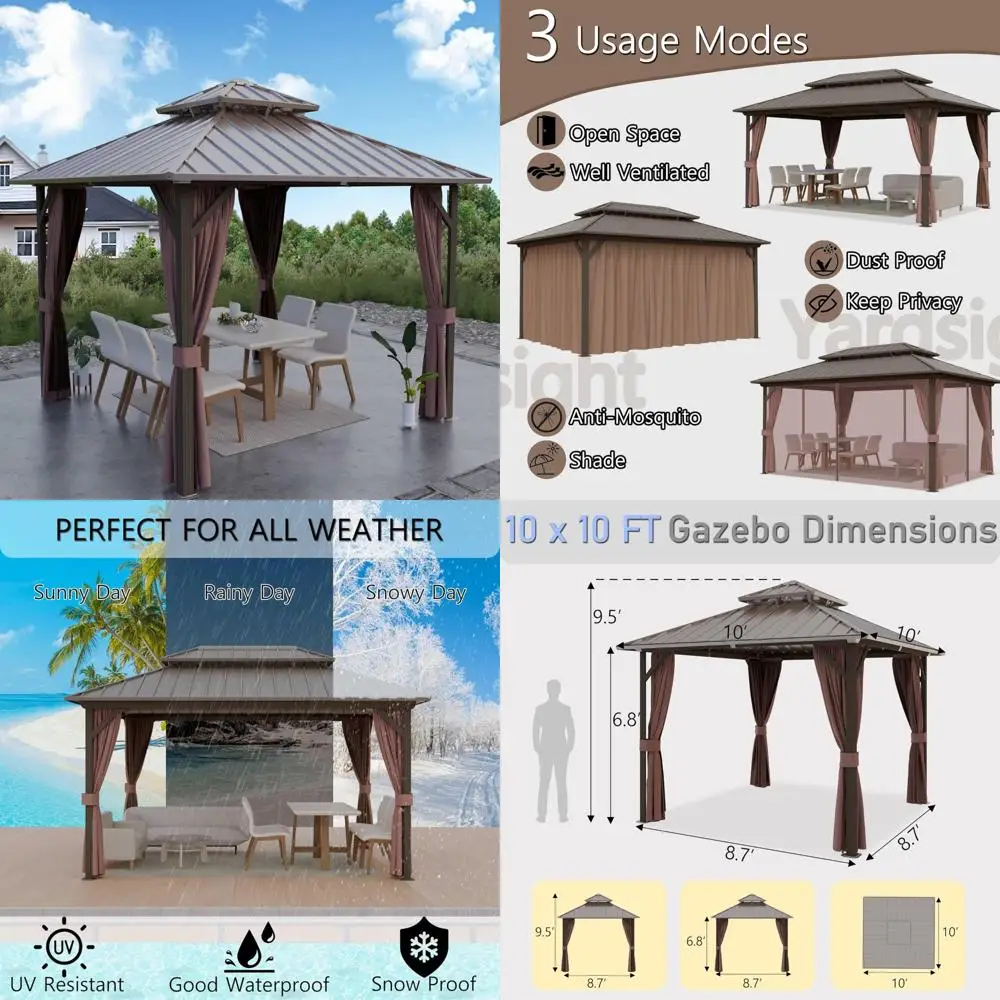 

Aluminum Frame Outdoor Gazebo, 10x10 Feet, Galvanized Steel Double Roof Pavilion with Mosquito Netting and Shade Curtains, Perma