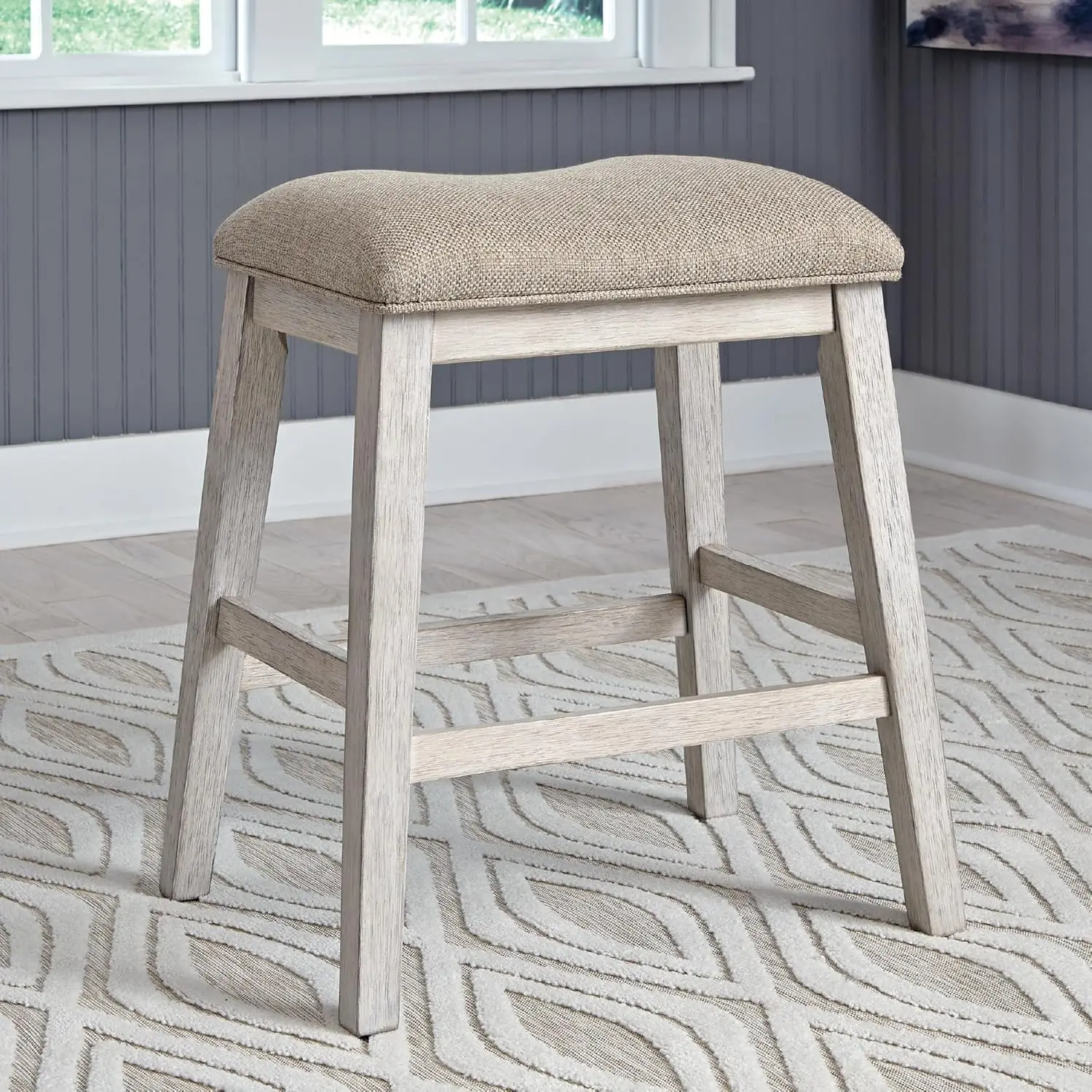 مقاعد بار بيضاء حديثة مكونة من قطعتين، تصميم بارتفاع عداد 24 بوصة، مقاعد منجدة لمساحات الطعام المدمجة #2