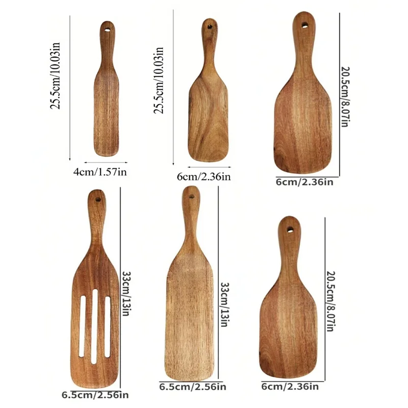 6 Pcs Wooden Spurtle Set Natural Acacias Spatula Kitchen Tools For Stirring For Cooking
