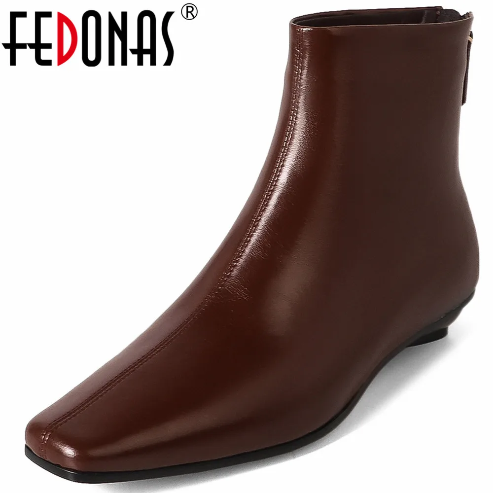 

FEDONAS Autumn Winter Women Ankle Boots Low Heels Genuine Leather Concise Shoes Woman Back Zipper Square Toe Basic Office Lady