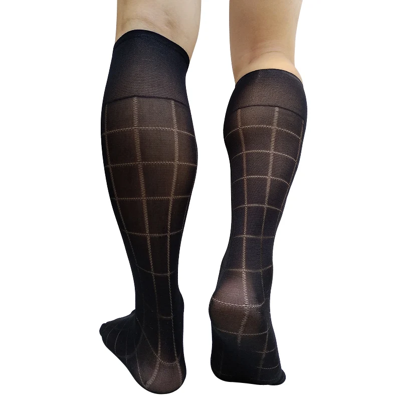 See Through Mens Dress Suit Socks Black Sheer Plaid Knee High Long Tube Sexy Stocking For Male Formal Socks Business Gifts