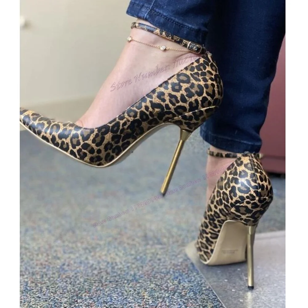 Leopard Back Strap Metal Heels Pumps Shallow Pointy Toe Shoes for Women Thin High Heels Sexy Lady Shoes 2023 Zapatos Para Mujere