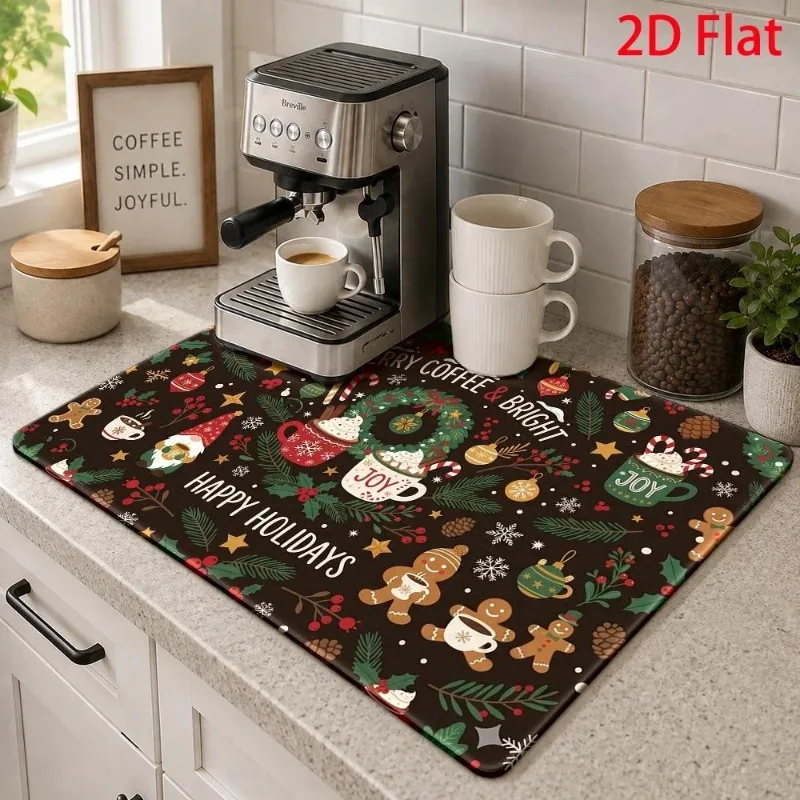 Dish Drainer Cushion Happy Holidays Gingerbread Man Wreath Counter Protector Black Xmas Pad