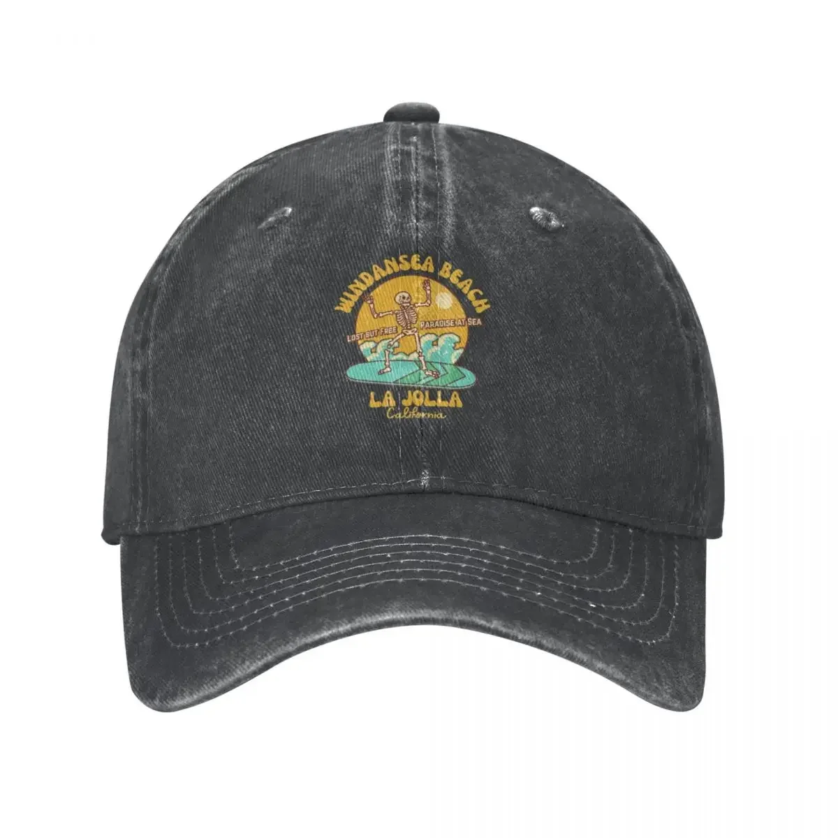 Retro Sixties Windansea Beach, La Jolla, California, Gold Text- Skeleton Beach / Skeleton Surf Cowboy Hat