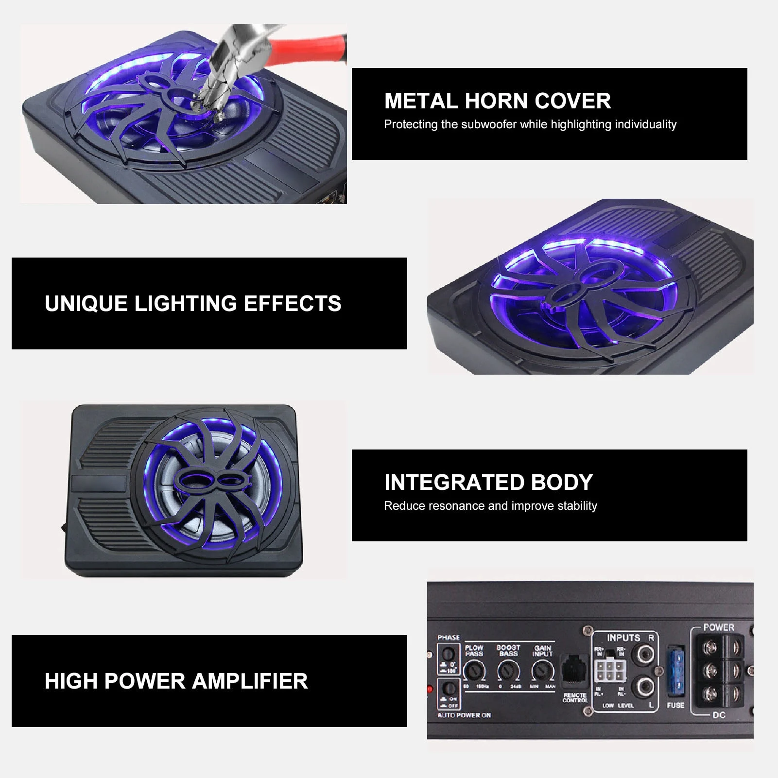 Slim Underseat Powered Car Subwoofer 10in 800W with LED  Light Excellent Heat Dissipation Performance Car Subwoofer