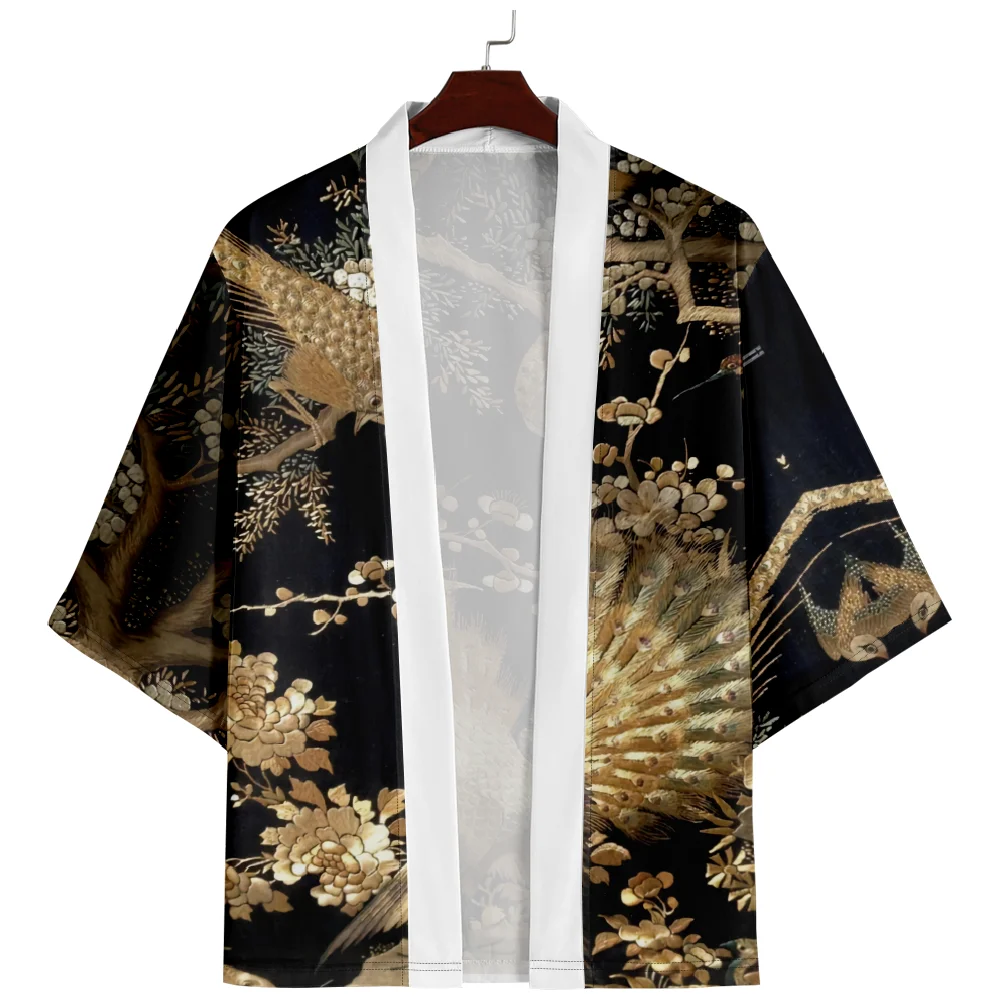 سترة عصرية مطبوعة على شكل طاووس يوكاتا قميص الساموراي الياباني كيمونو التأثيري للنساء والرجال قميص هاوري تقليدي كبير الحجم #2