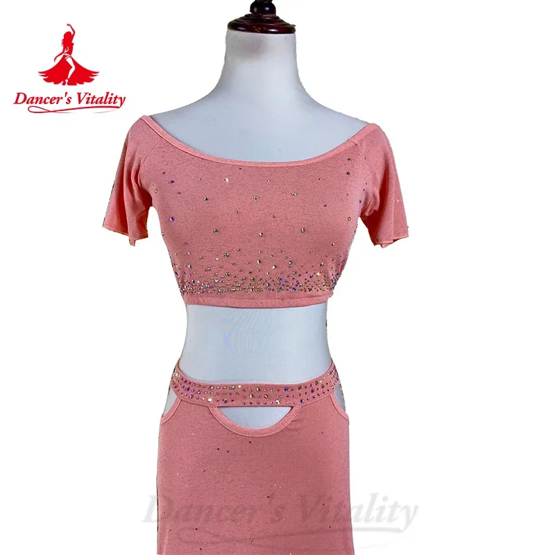 Conjunto de traje de danza del vientre para mujer, Top de manga corta personalizado y falda envolvente Sexy en la cadera, 2 piezas, trajes de actuación de Baile Oriental