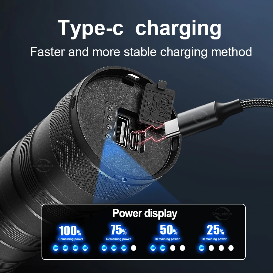 2025 مصباح يدوي LED فائق القوة 5000000 LM عالية الطاقة الشعلة USB قابلة للشحن التكتيكية مصباح يدوي طلقة طويلة 5 كجم الصيد Lantren