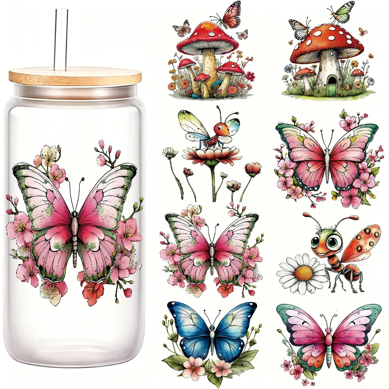 7.6*8cm Pink Realistic Butterflies UV DTF Transfer Stickers Flower Clusters Butterfly Mug Transfer Sticker Washable Stickers Dec