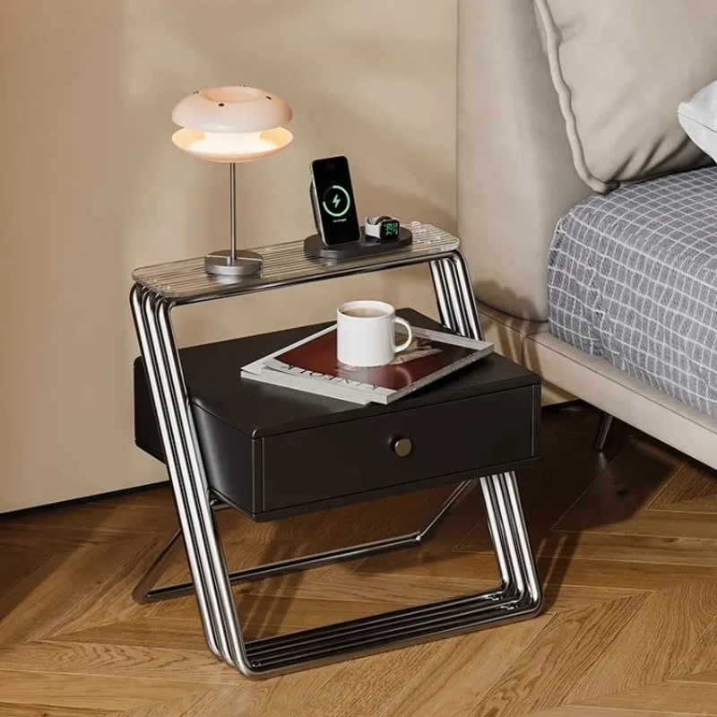 

Nordic Light Luxury Style Hotel Furniture Bedroom Nightstand Tempered Glass Stainless Steel Side Table Simple Storage Cabinet