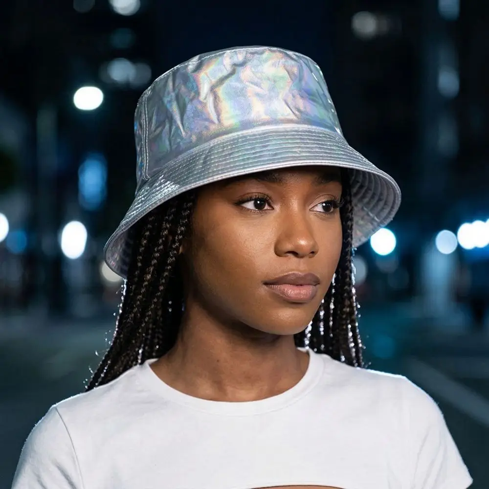 Leather Luminous Bucket Hat Single Sided Wide Brim Laser Rainbow Fisherman Hat Solid Color Gold Shiny Sun Cap Outdoor Travel