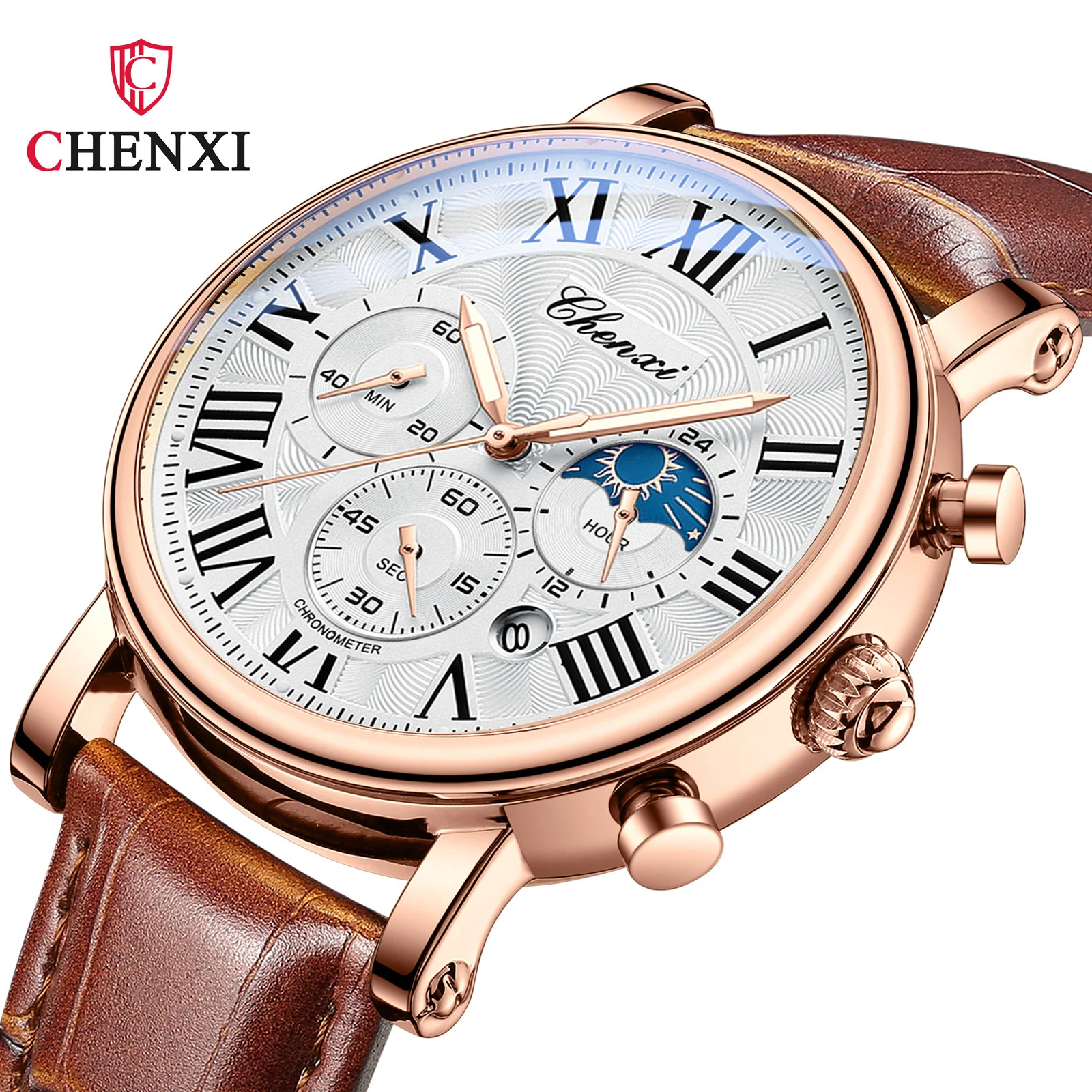 

CHENXI 973 Quartz Watch Man's Top Brand Luxury Business Moon Phase Date Waterproof Multifunction Wristwatch Dial Leather Watches