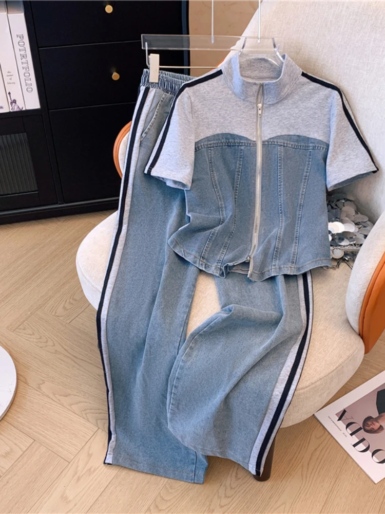 2024 Summer New Stitched Zipper T-shirt Top Female Set Elegant Women\'s Jeans Casual Blouse Two Piece Set Ladies Tracksuits