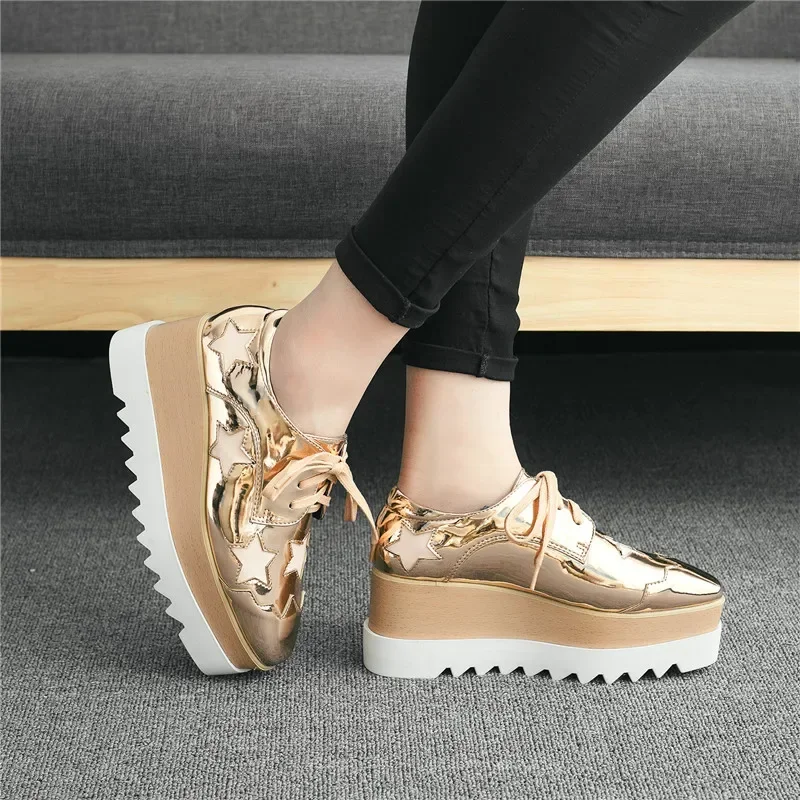 

2025 Star Platform Shoes Lace-up High-heeled Square Toe Wedge Women Casual British Style Heighten Leather Winter Plush Sneakers