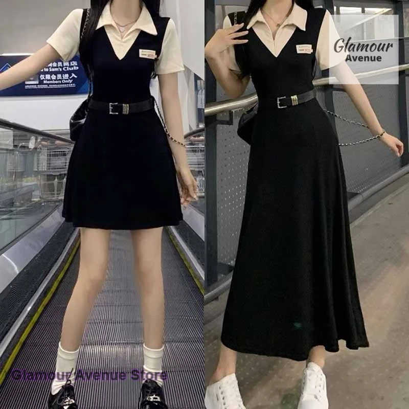 

American lapel temperament short sleeve dress female spring and summer fashion casual plus size waist college sexy A-line skirt