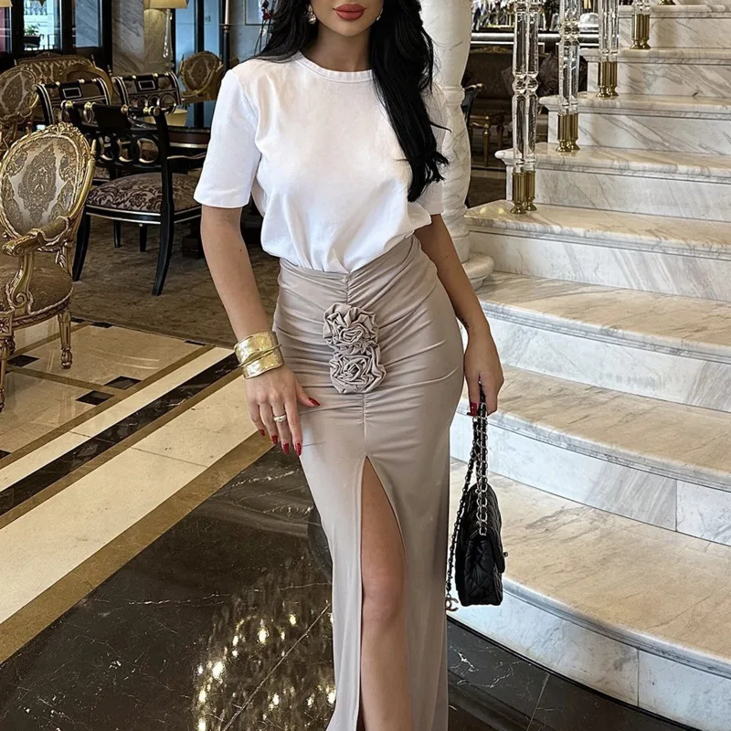 

Уникальная трехмерная юбка-бодикон с цветочным узором и драпировкой, летняя, однотонная, облегающая, модная, элегантная, с запахом, для женщин