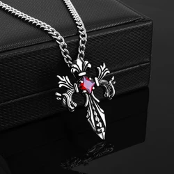 Classic Double Dragon Cross Necklace Fashion Retro Christian Jesus Cross Personality Inlaid Artificial Ruby Pendant Gift