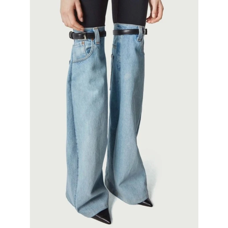 

Широкие джинсовые сапоги с острым носком и поясом, женские джинсовые сапоги выше колена, модная модная осенне-зимняя обувь