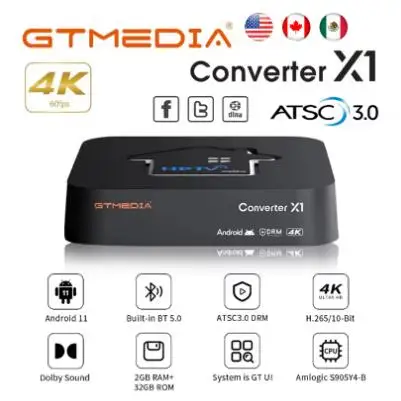 Newest HDTV Converter X1 4K HDR Android 11 TV BOX ATSC 3.0 Smart Decoder 2GB+32GB Built-in Wifi BT 5.0 for US Canada Brazil MX