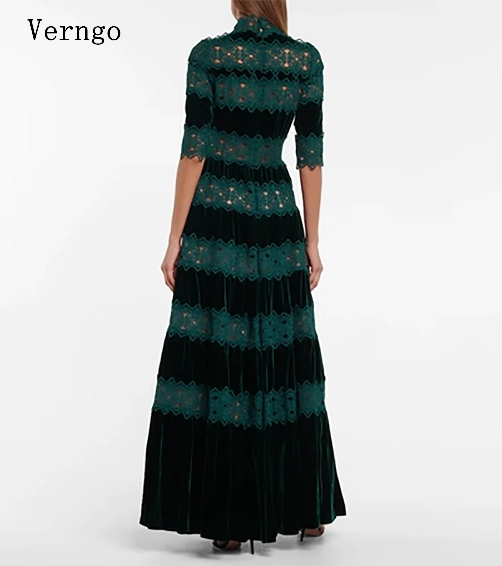 Verngo Vintage High Neck Lace And Velvet Long Evening Dresses Half Sleeves Formal Women Night Occasion Prom Gowns Garment