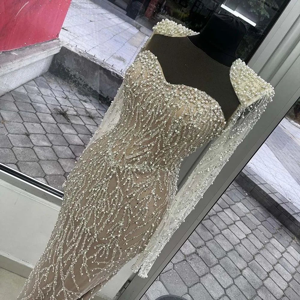 Luxury Muslim Mermaid Evening Dress for Women 2024 Elegant Arabic Pearls Long Sleeves Formal Prom Wedding Party Gowns Customized