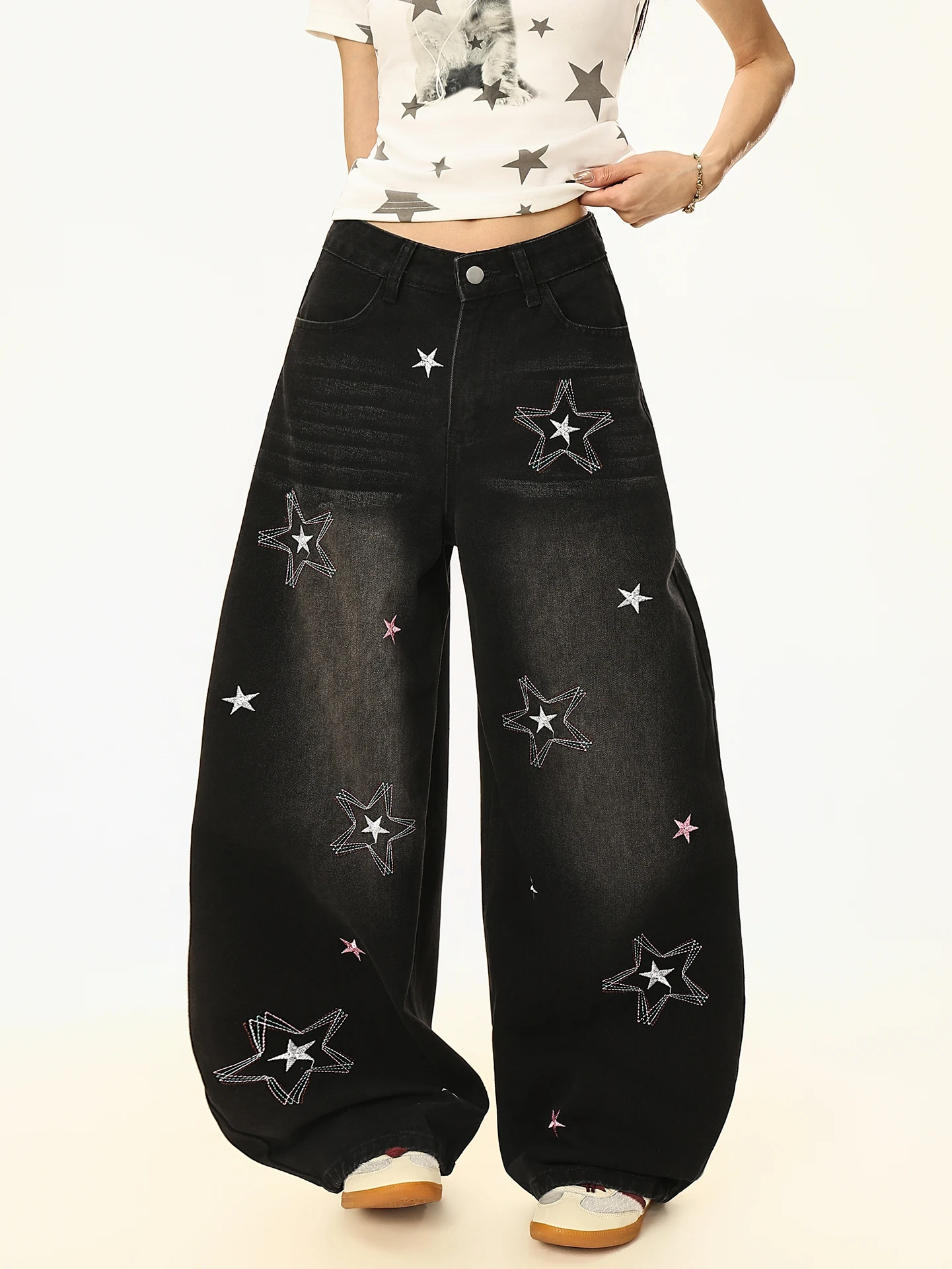 

Джинсы с высокой талией в американском ретро-стиле с вышивкой звездами, свободные, широкие, женские, летние, повседневные, удобные, из денима