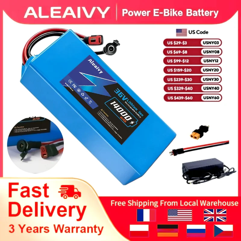 Brand+ Genuine Aleaivy 36V 14Ah 18650 10S5P Battery Pack With Charger And BMS for 200W-1000W Ebike Electric Bicycle Bike Scooter