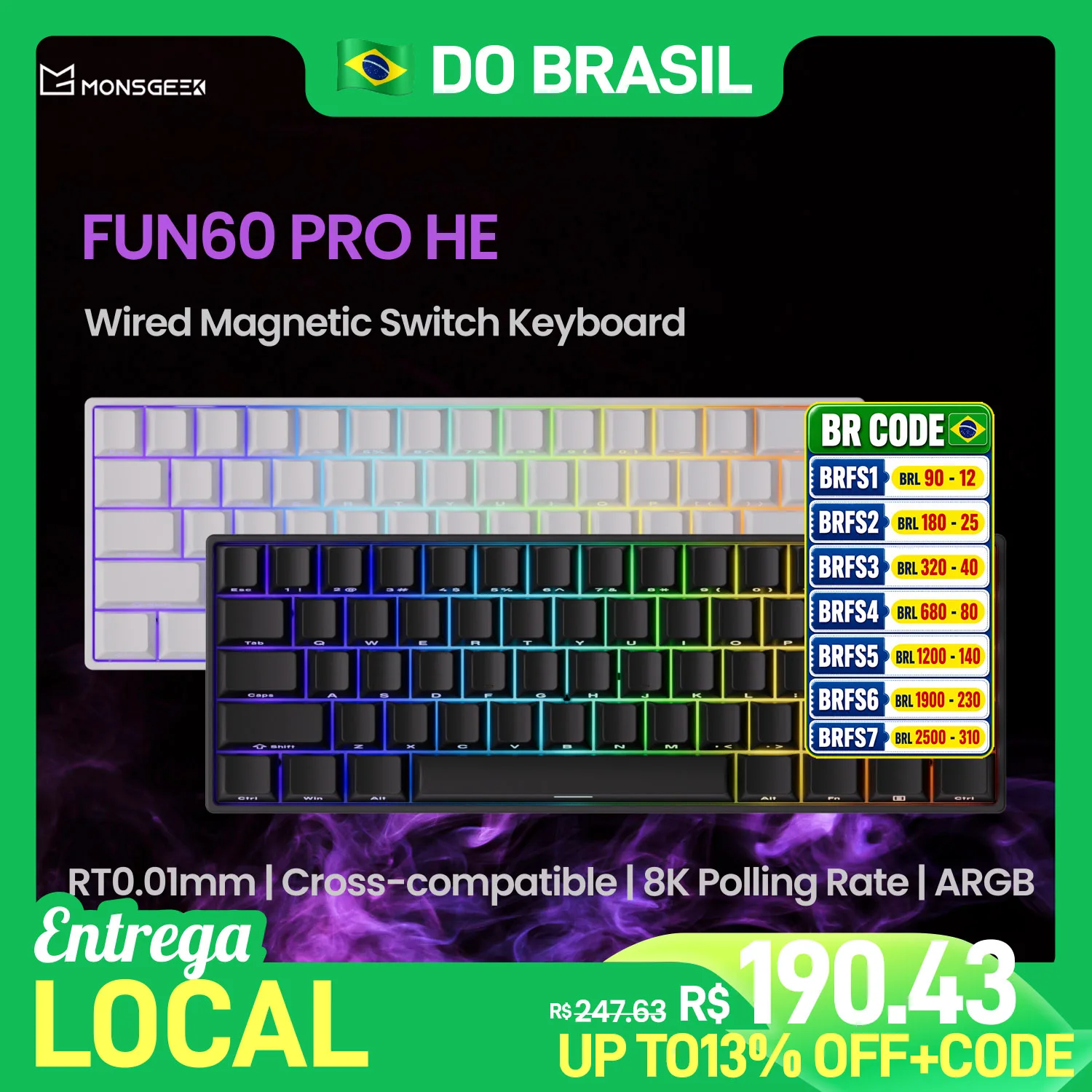 MonsGeek FUN60 PRO HE Teclado Mecânico 60% Interruptor Magnético Gatilho Rápido 0.01mm 8K Taxa de Orolling Teclado para Jogos com Fio